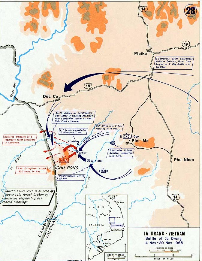 Military map of the Ia Drang valley and the Chu Pong massif with landing zones marked