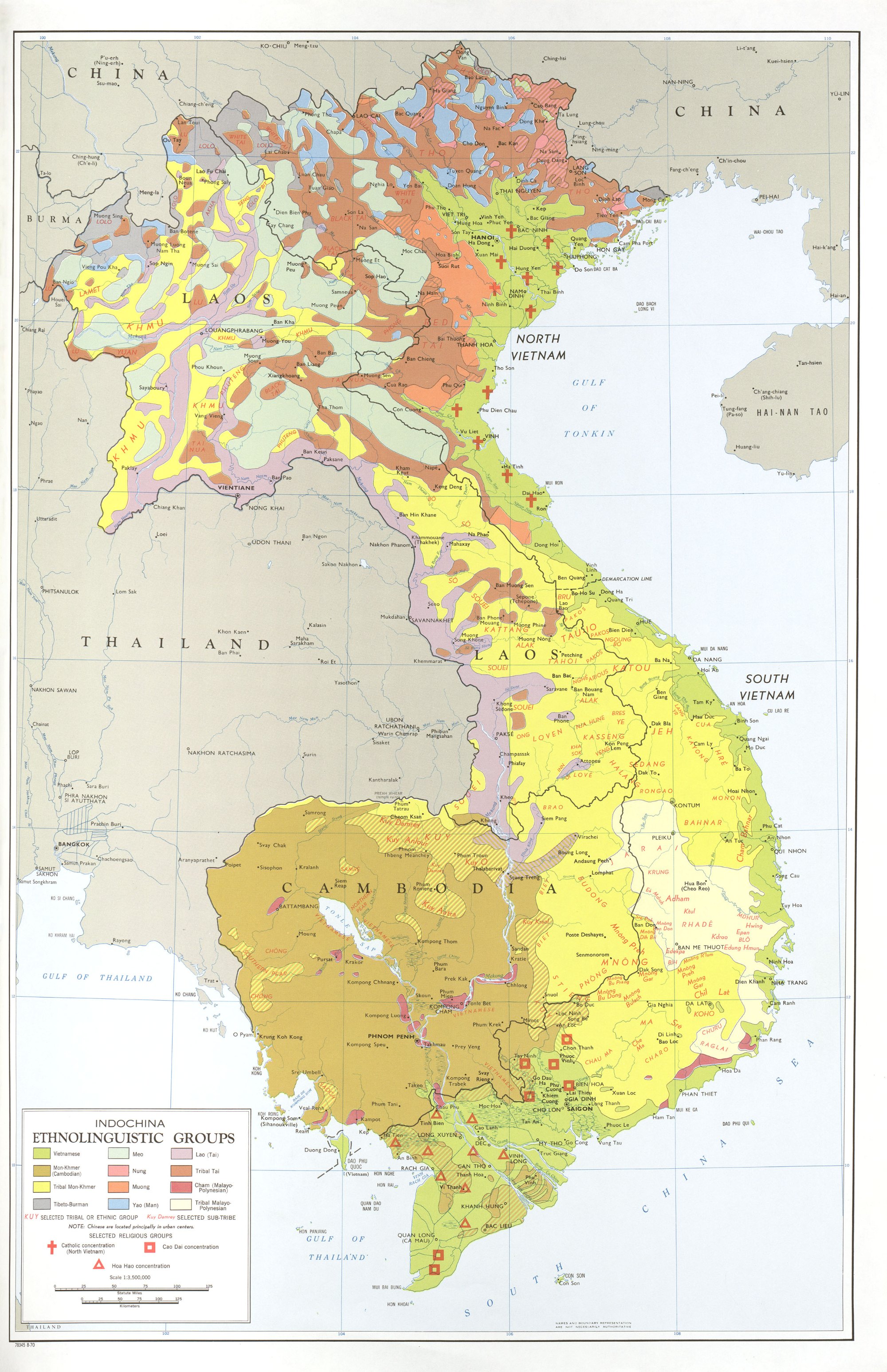 A map of Indochina colored by ethnolinguistic group, with the highland peoples in a band between the Vietnamese coast and the Mekong