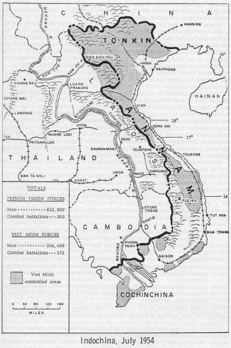 A black-and-white map of Indochina in July 1954, with shaded areas controlled by the Viet Minh, including much of the highlands