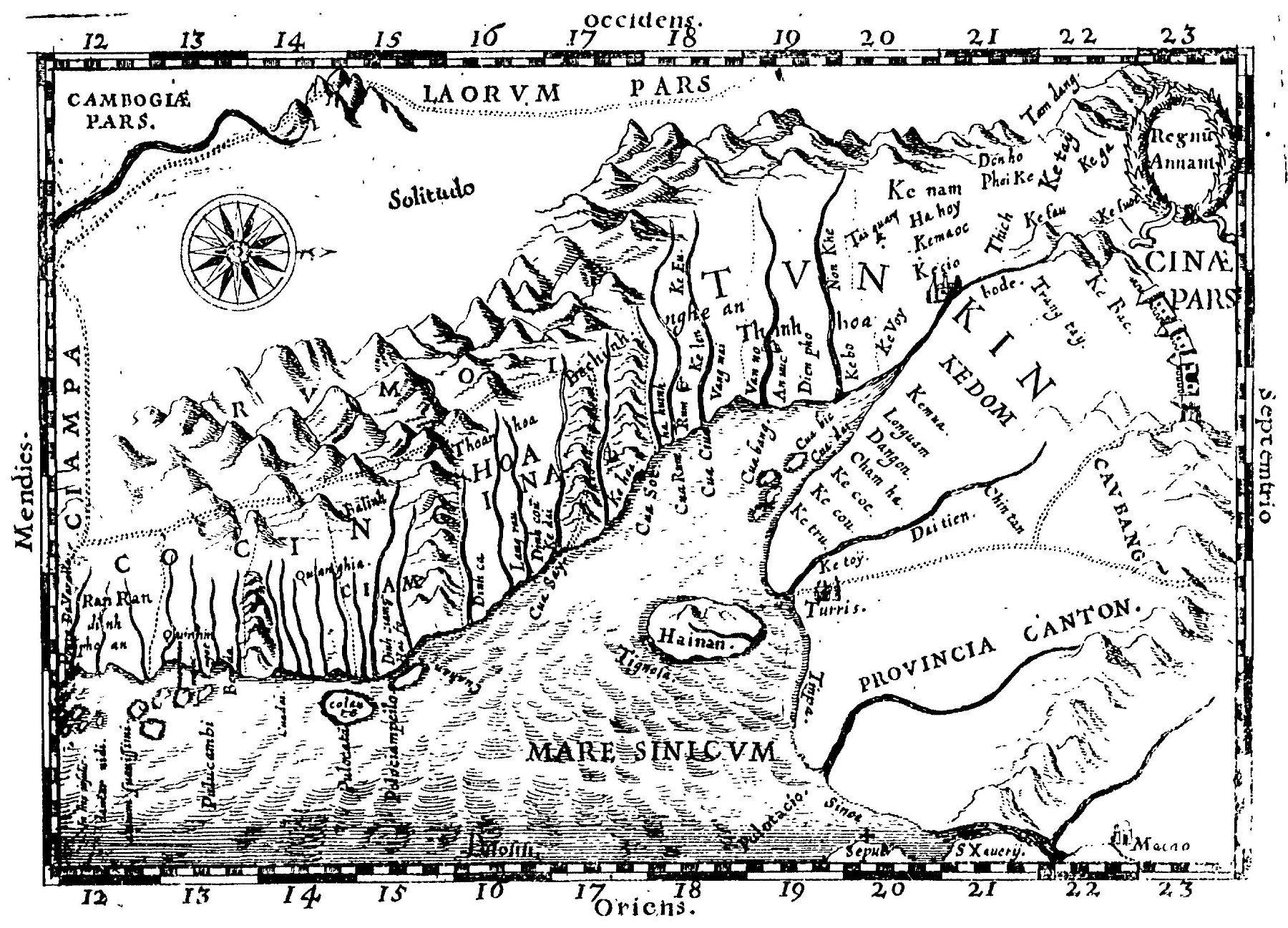 An engraved seventeenth-century map of Tonkin and Cochinchina with mountains drawn as ridges and the interior left blank