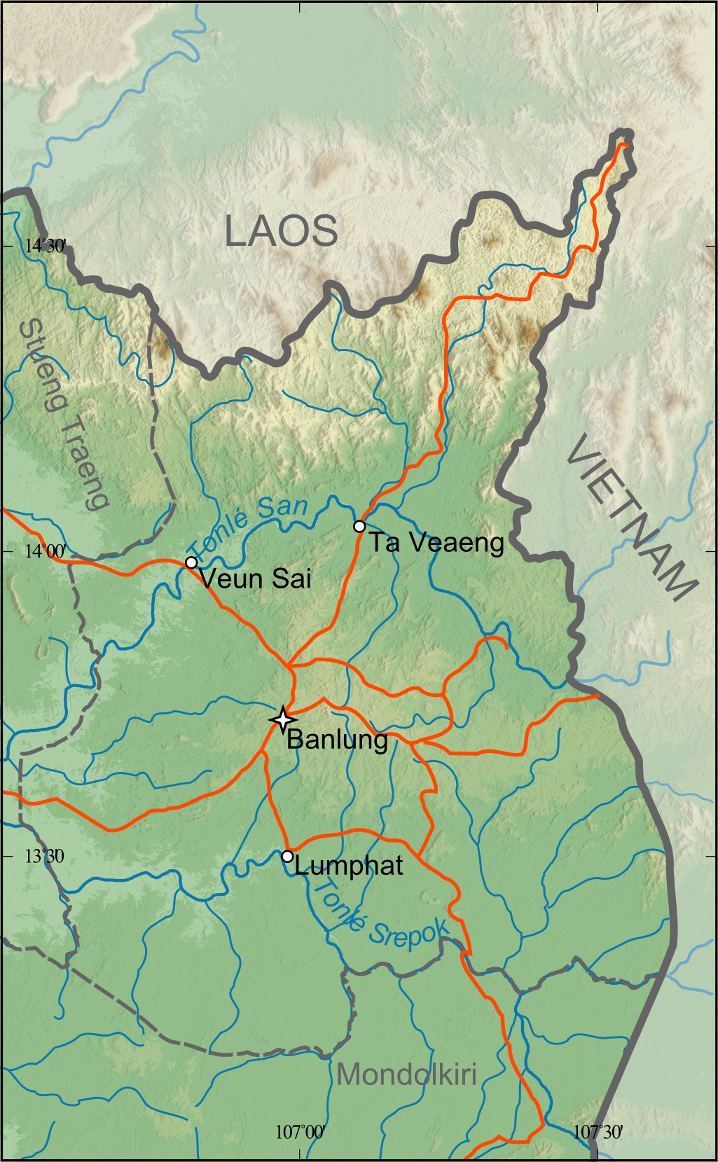 A relief map of Ratanakiri province in Cambodia with rivers and towns