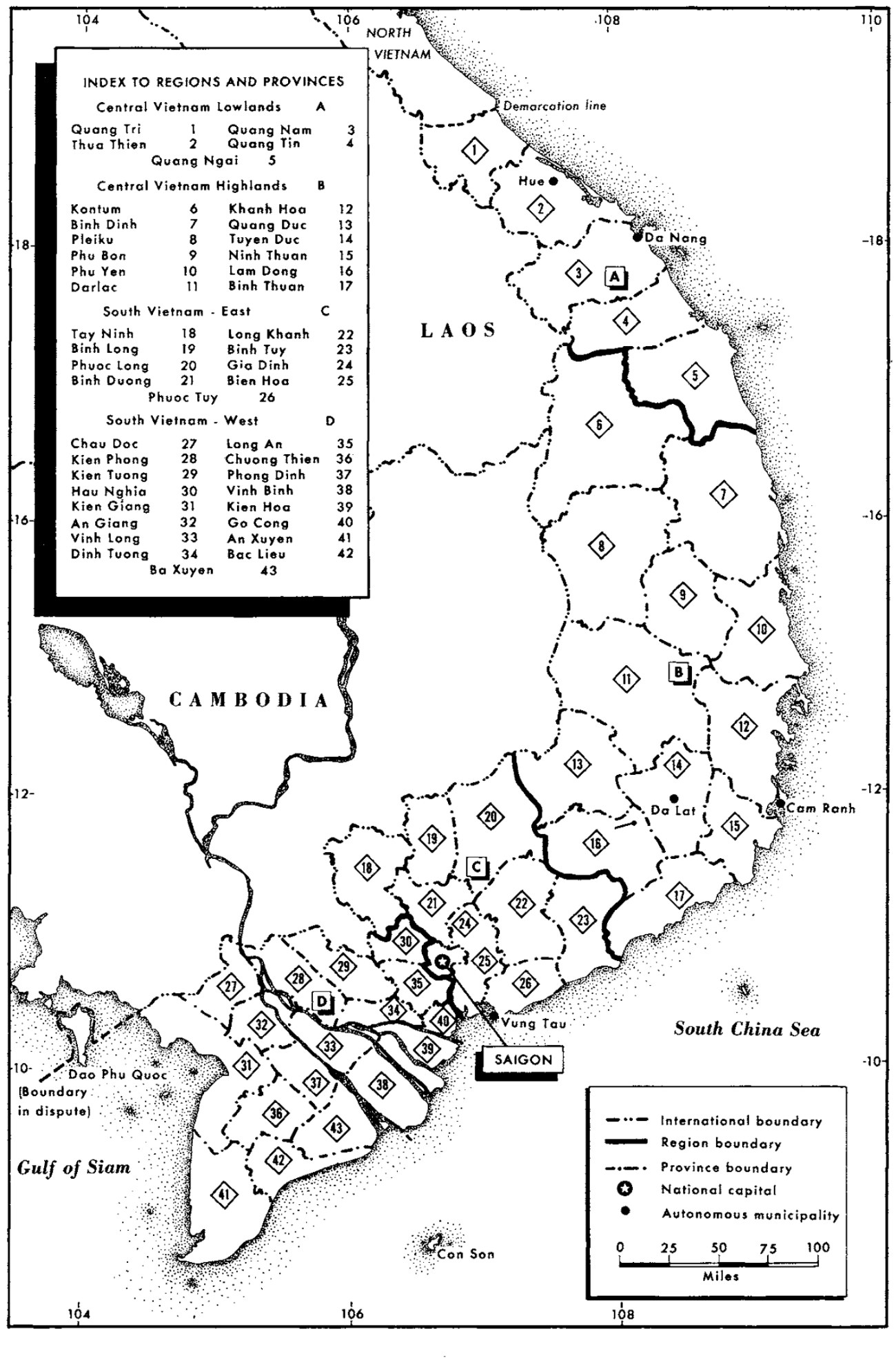 A map of South Vietnam divided into numbered provinces, with an index of regions and provinces