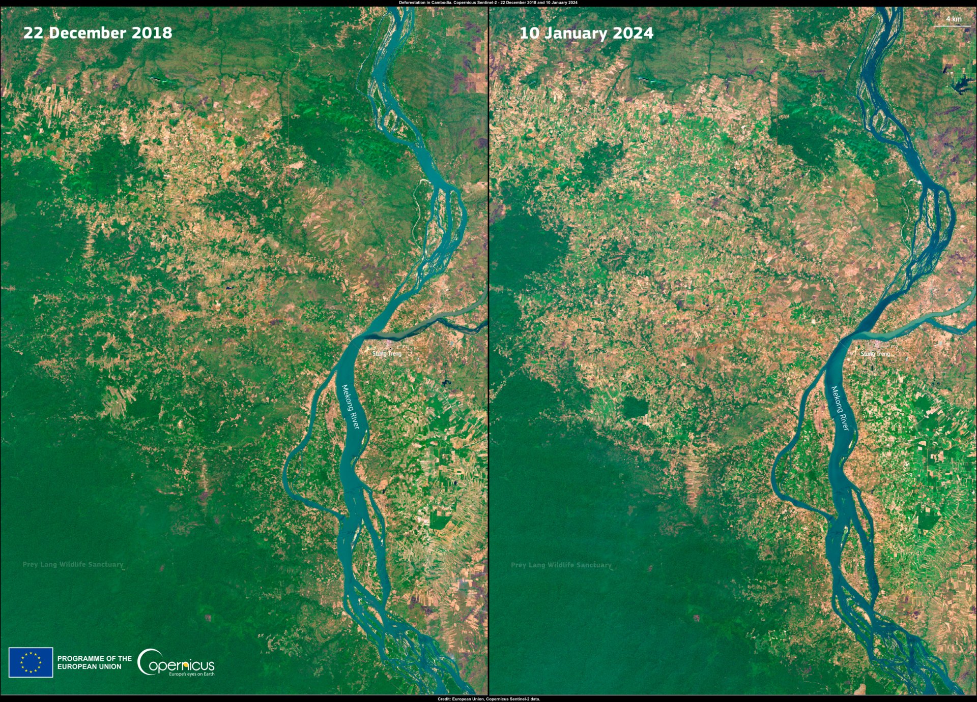 Two satellite images of the same green landscape side by side, the second with large pale cleared patches