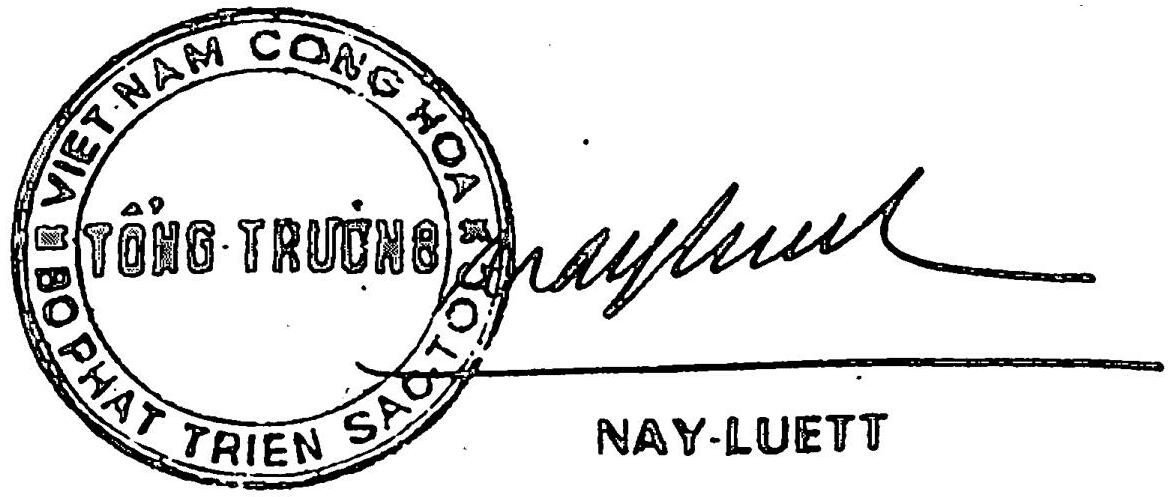 A handwritten signature, Nay Luett, beside the round official seal of the Minister for the Development of Ethnic Minorities of the Republic of Vietnam