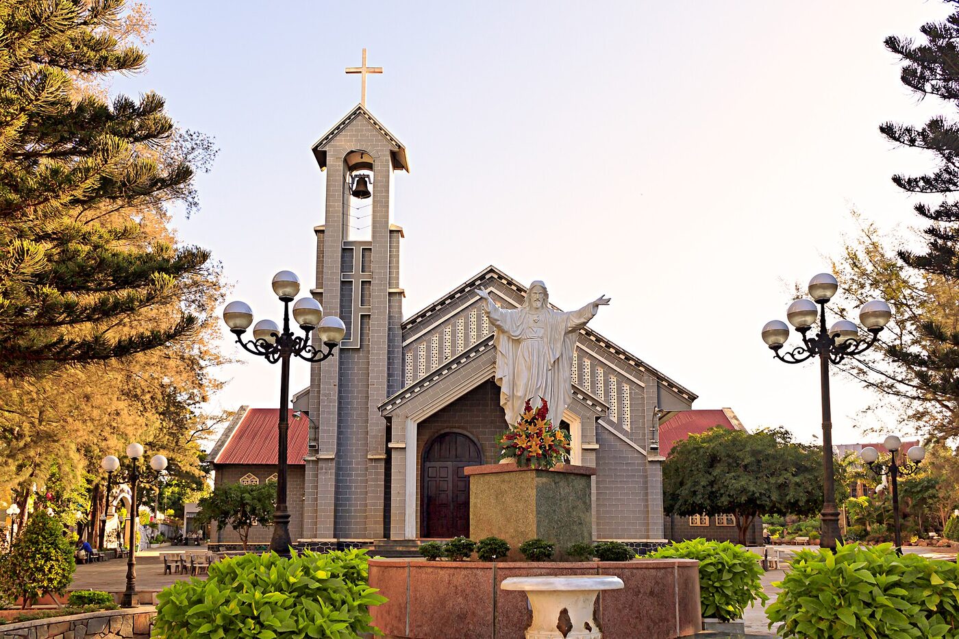 A modern cathedral with a tall facade