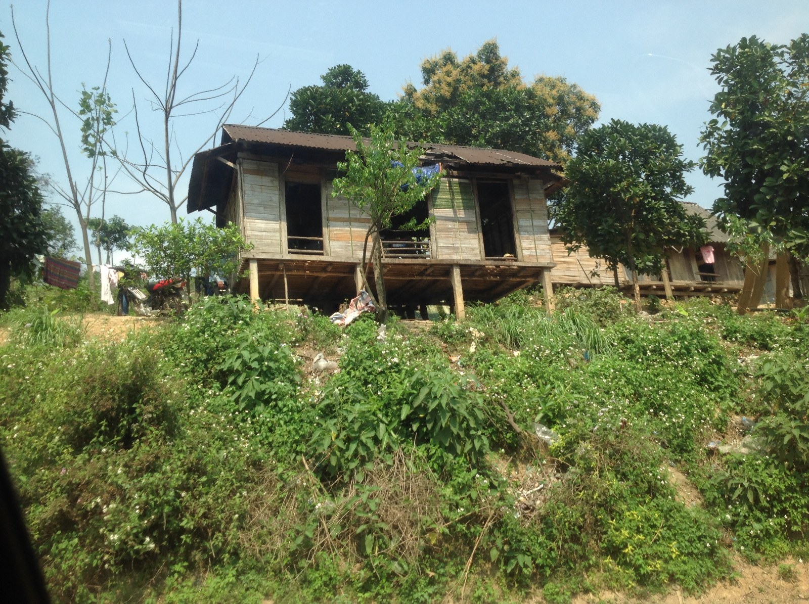Two thatched stilt houses on a green hillside