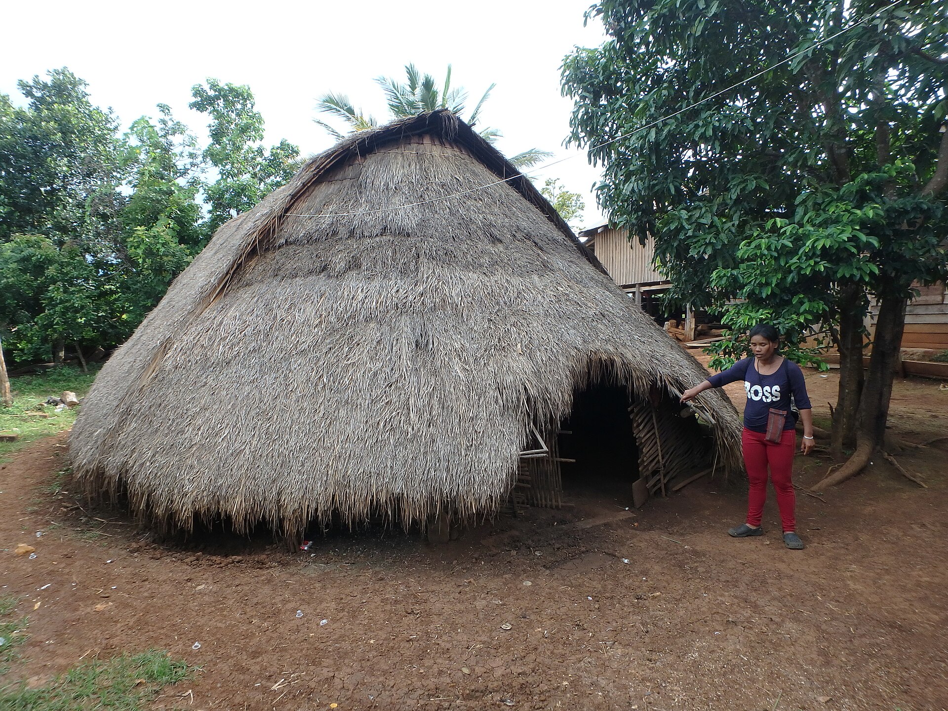 A long thatched house with a roof reaching almost to the ground, a man standing at its door