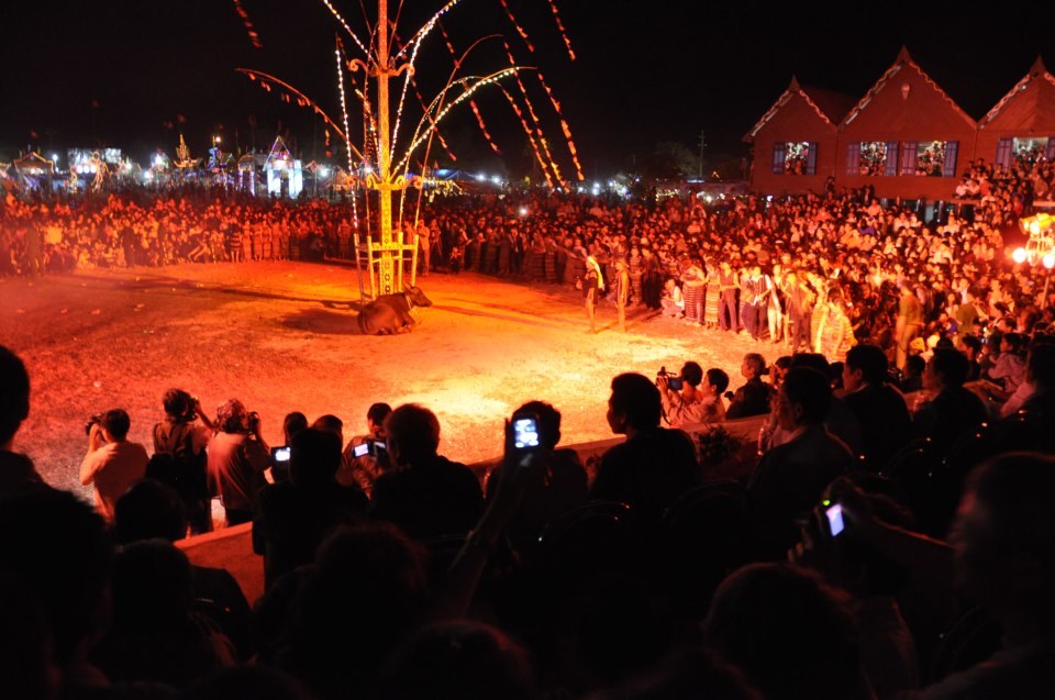 A crowd at night around a sacrifice pole with a buffalo tied to it