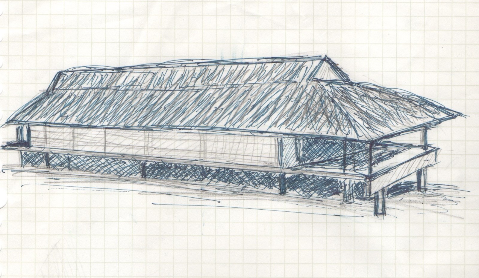 A drawing of a long thatched house on posts