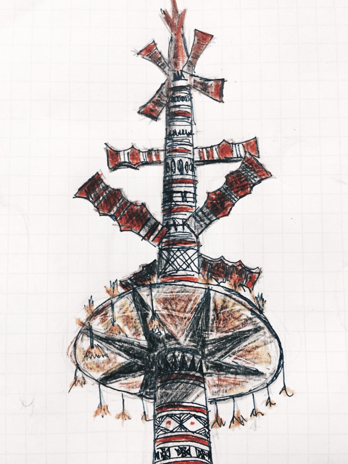 A drawing of a tall carved and painted festival pole hung with ornaments