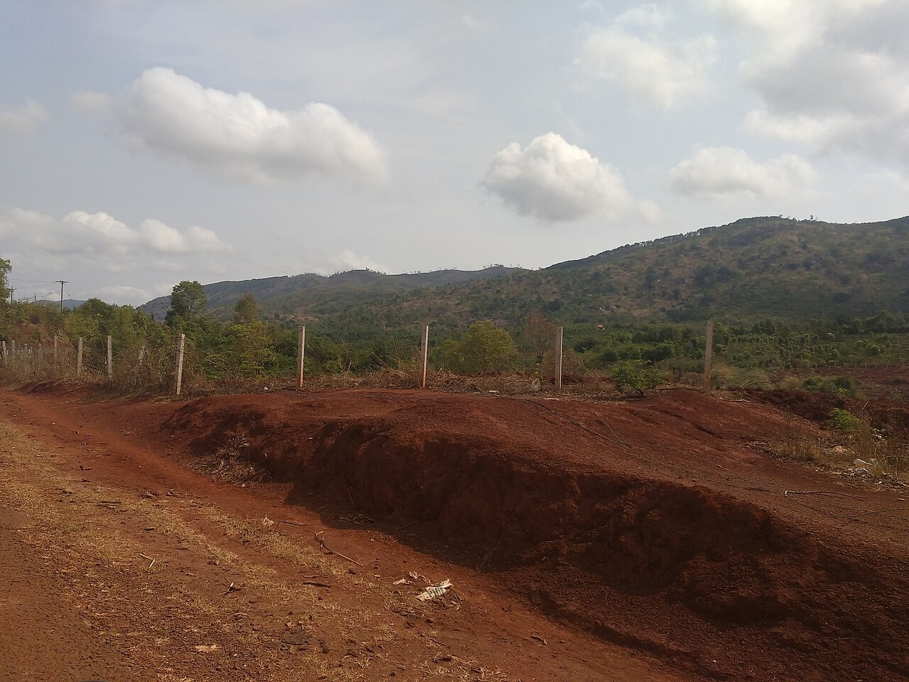 Red earth cut by a new road below a long wooded ridge
