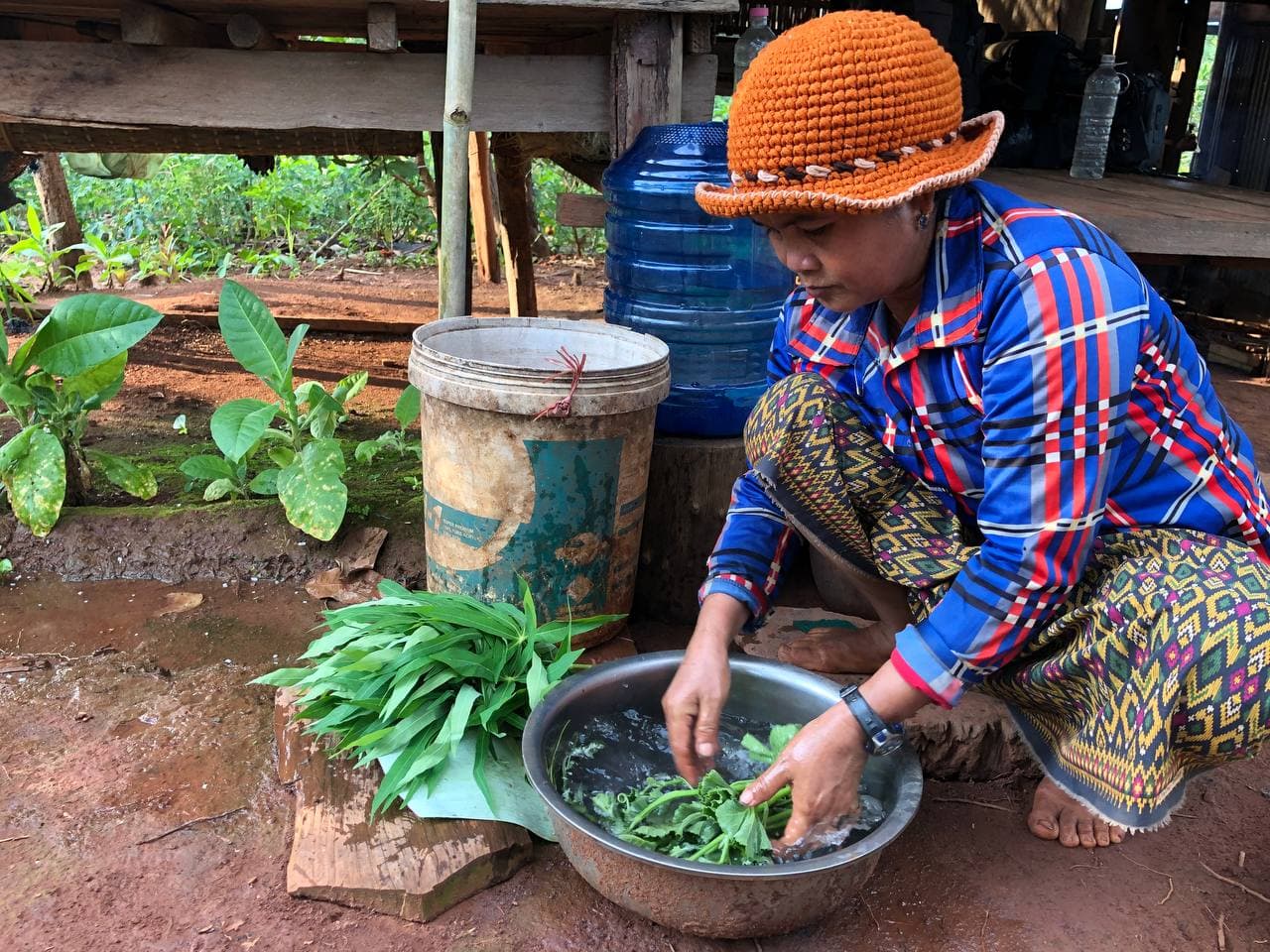 A Jarai woman washing a bowl of green leaves beside her house