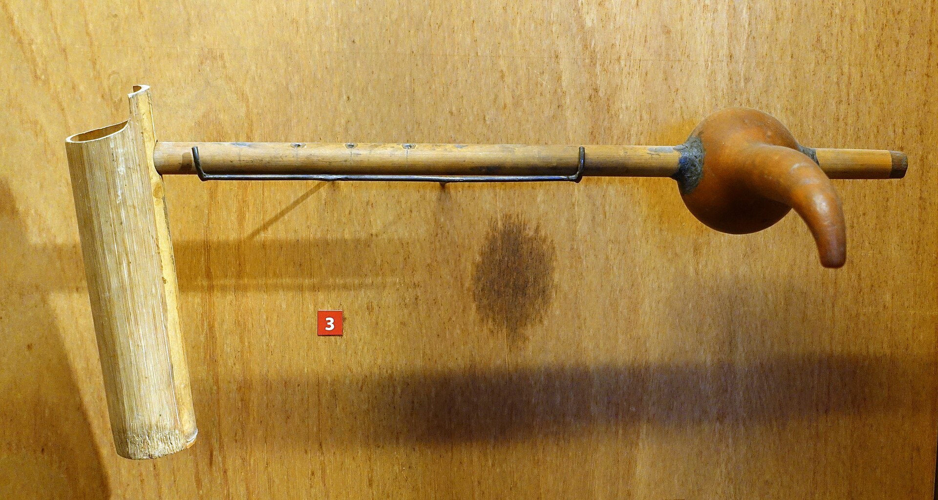 A mouth organ of bamboo pipes fixed into a small gourd, lying on a museum stand