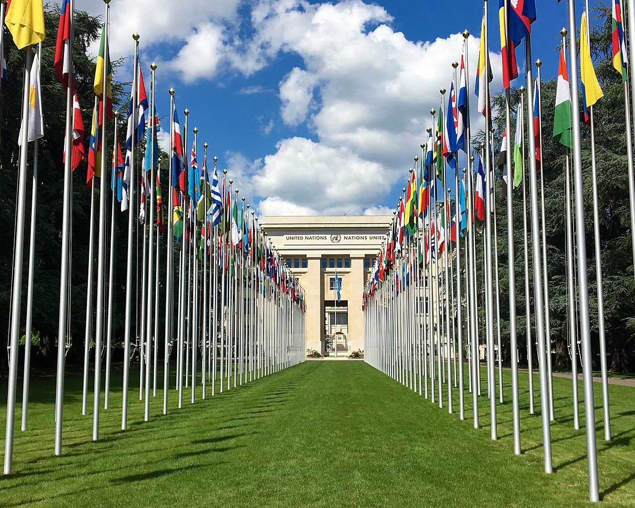 Two long rows of national flags on tall poles leading to the white facade of the Palais des Nations