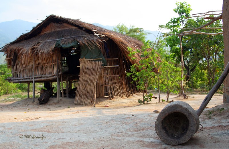 A small thatched house on piles among trees