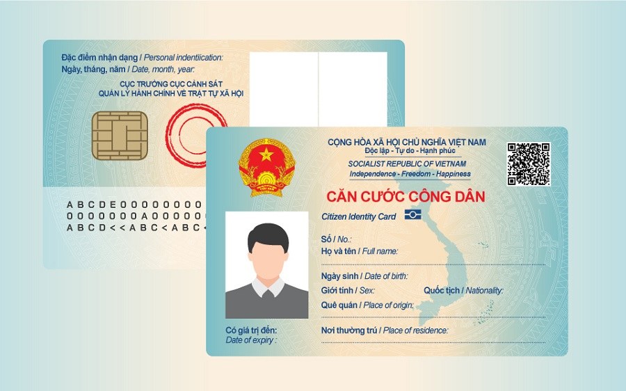 A drawing of the front and back of a Vietnamese citizen identity card with a chip, a photograph and a QR code