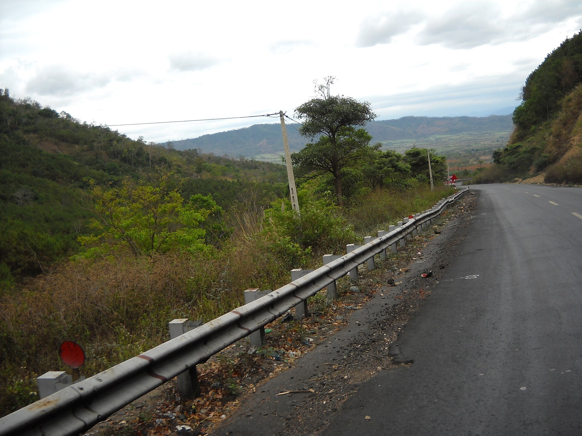 A paved road curving through forested hills under a cloudy sky