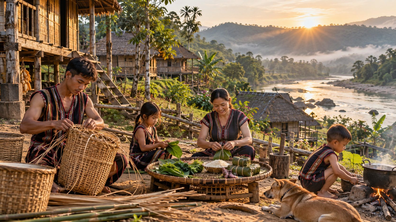 A family weaving baskets above the river