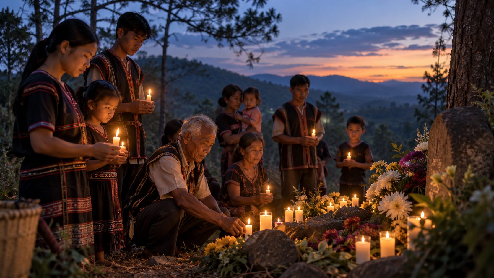 People praying by candlelight at dusk