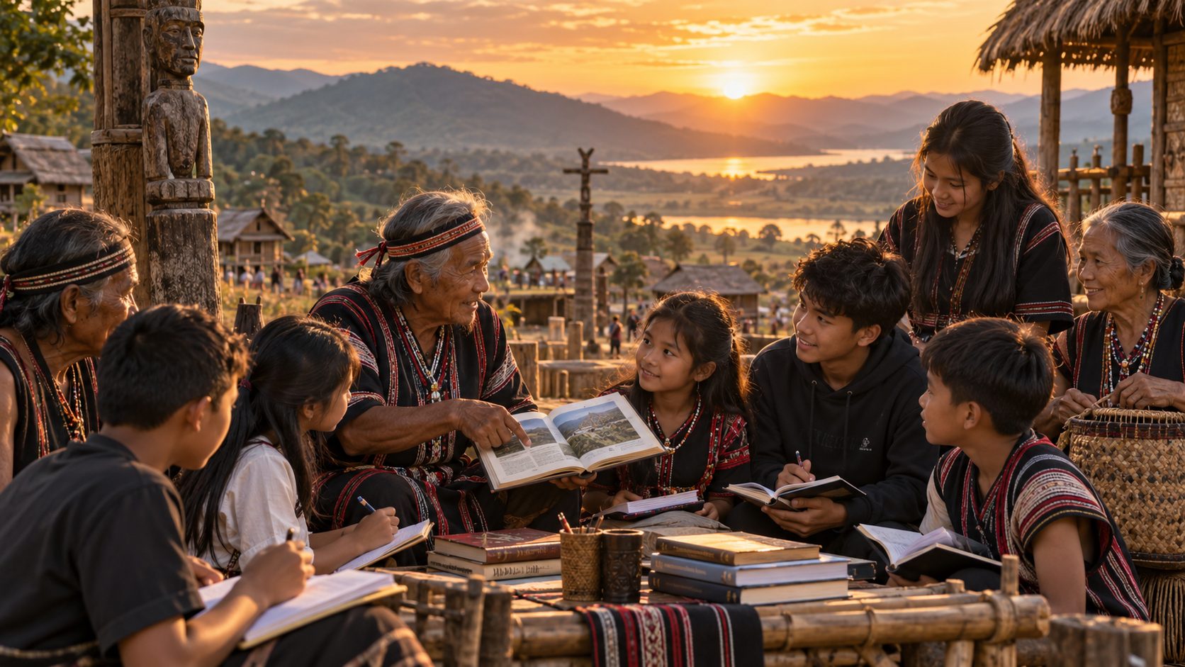 An elder teaching from books while students take notes