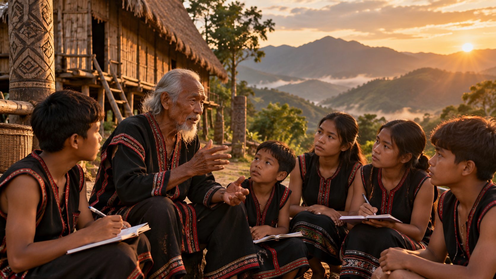 An elder teaching a group of young people