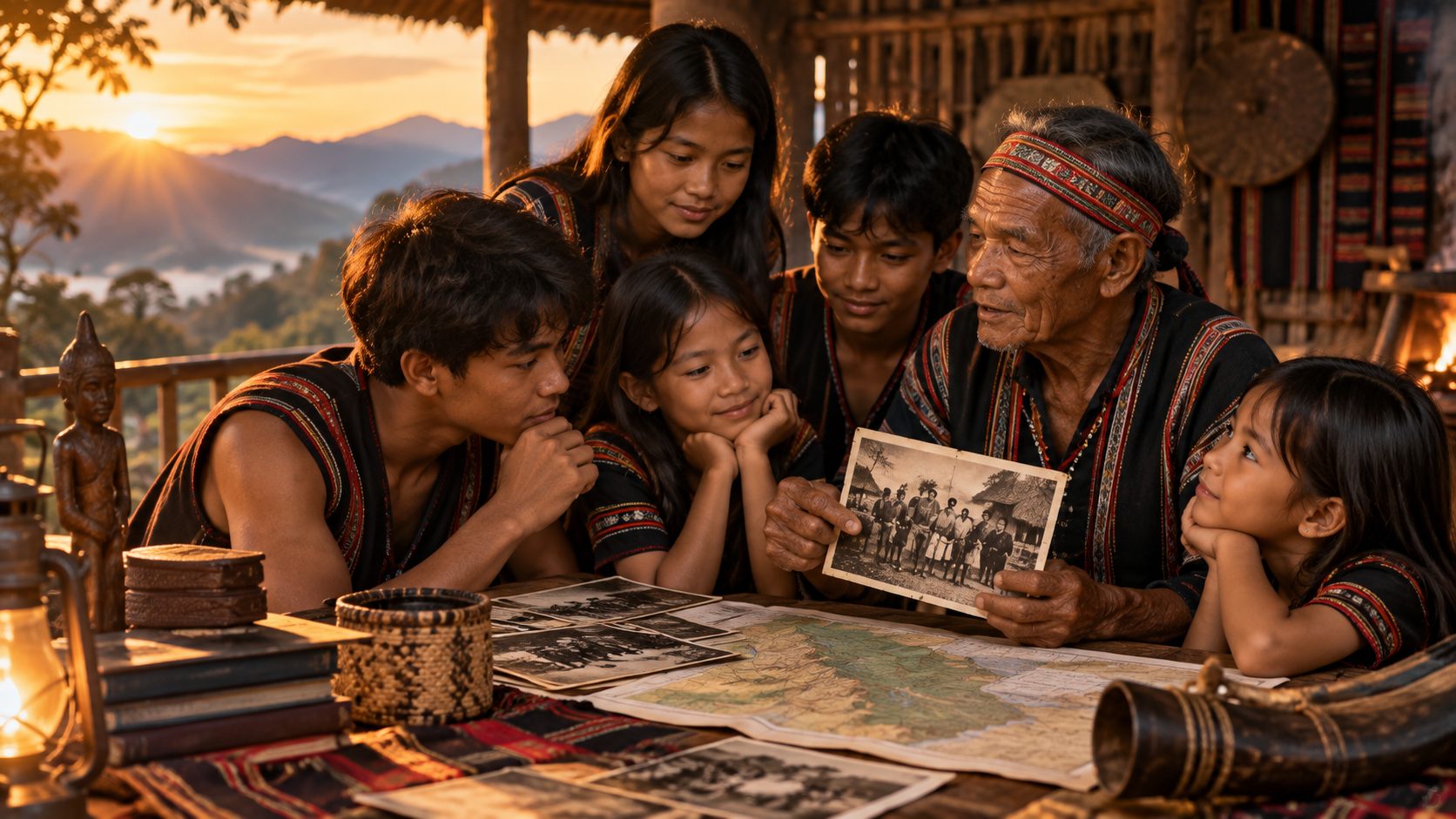 An elder showing old photographs and maps to children