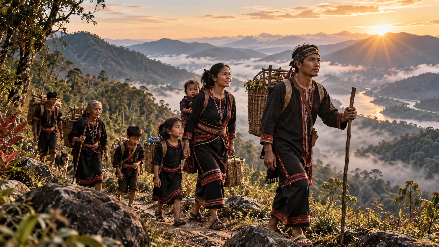 A family crossing a river on foot