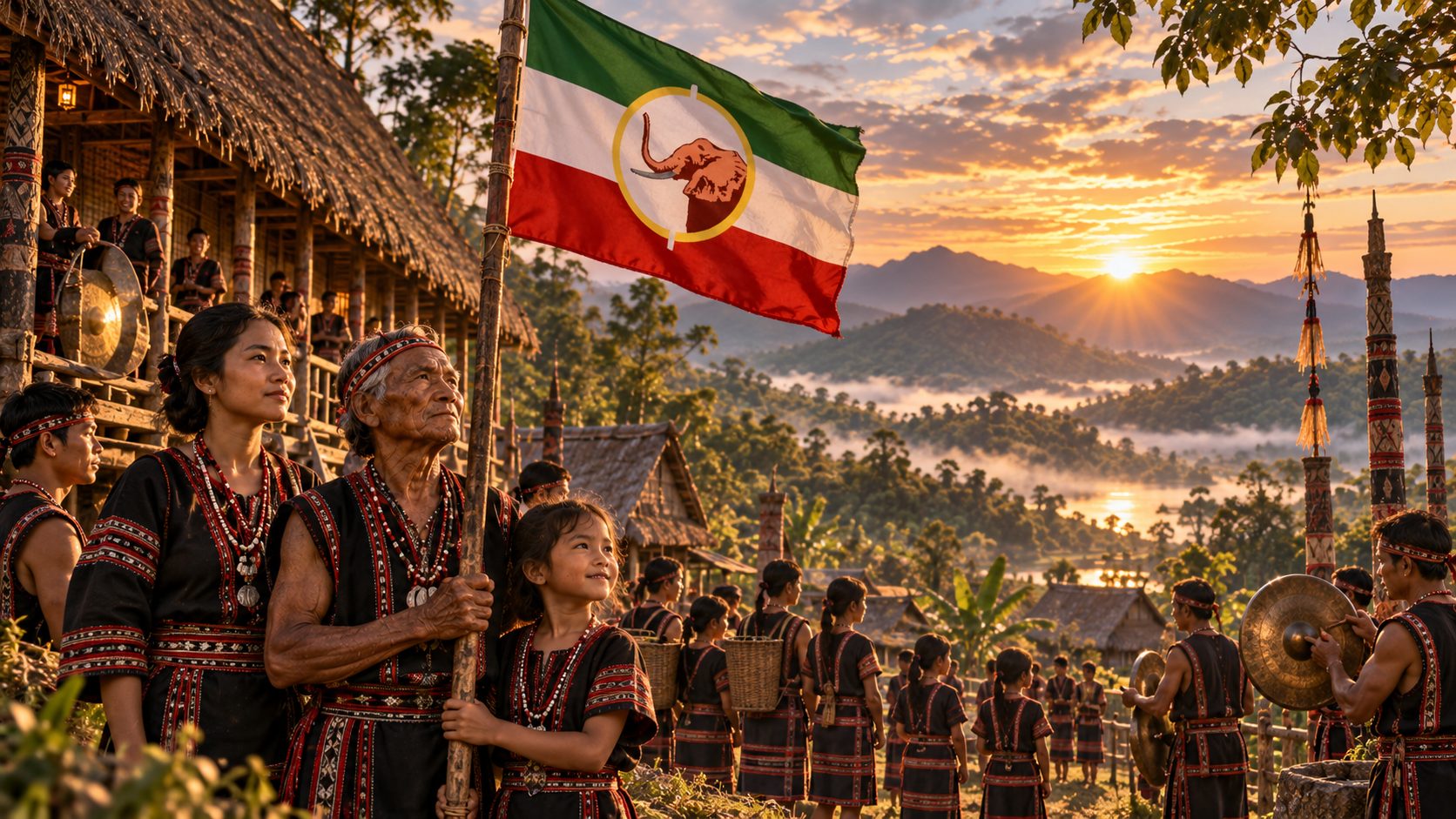A Dega woman holding the Dega flag above her village at sunset