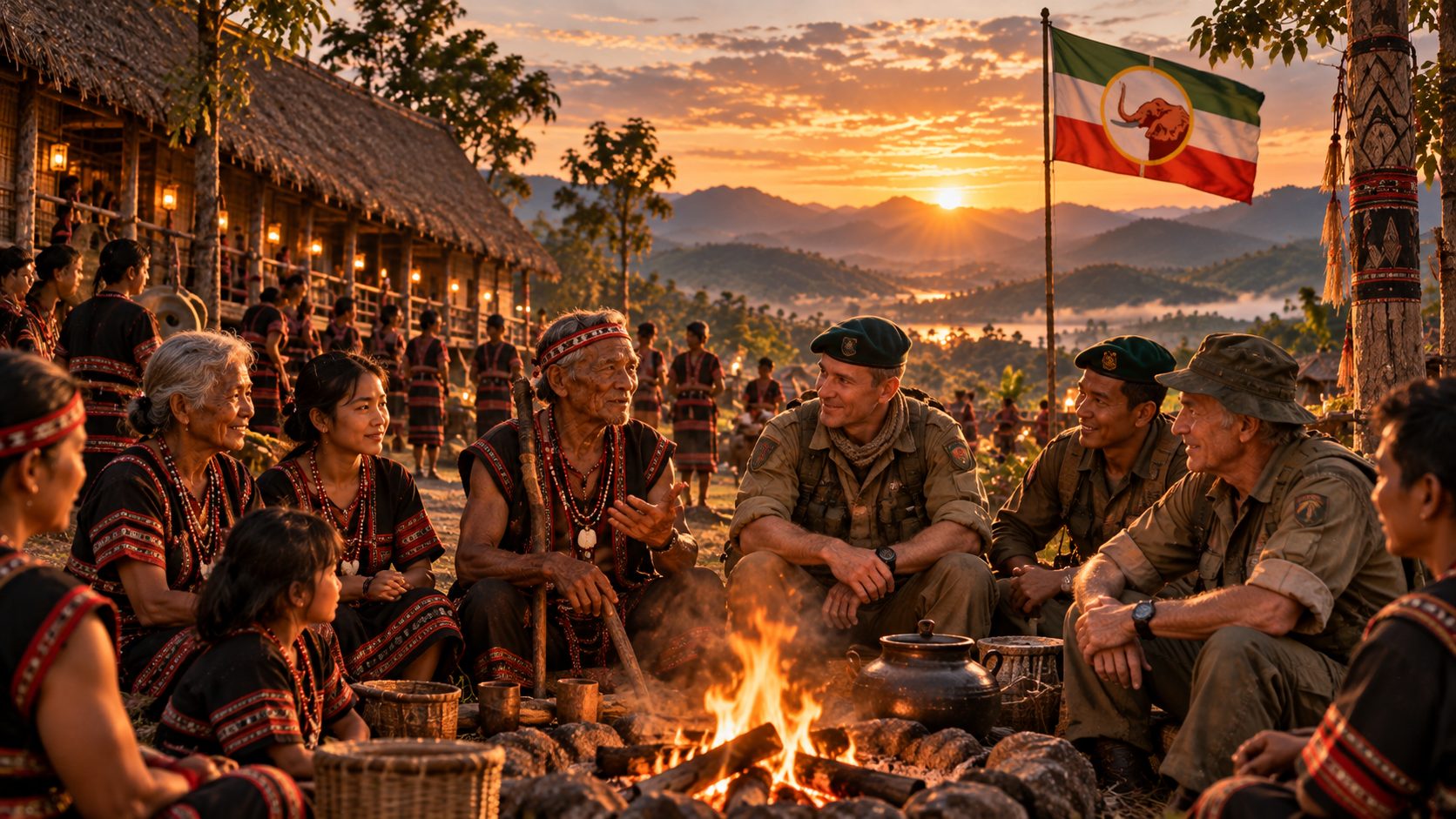 Veterans gathered around a fire beneath a flag