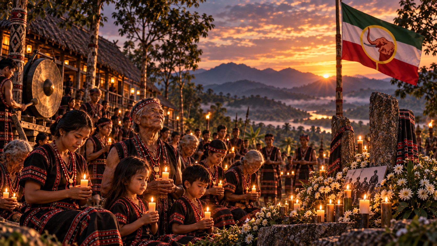 A vigil held under a flag