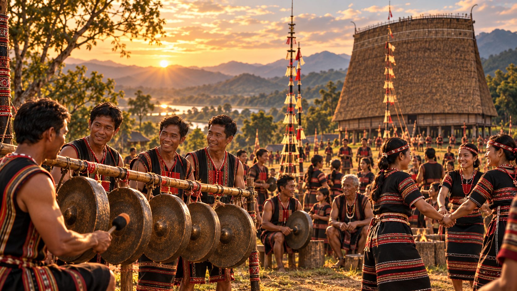 A gong ensemble playing in a village