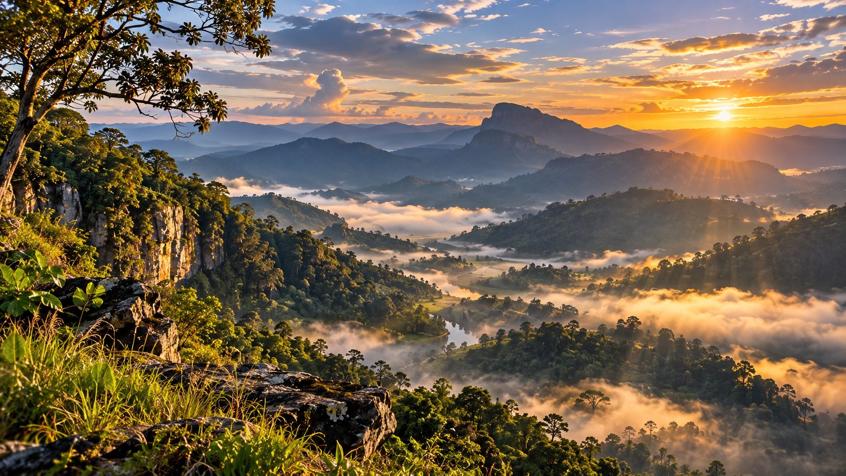 Mist in the valleys below a flat-topped mountain