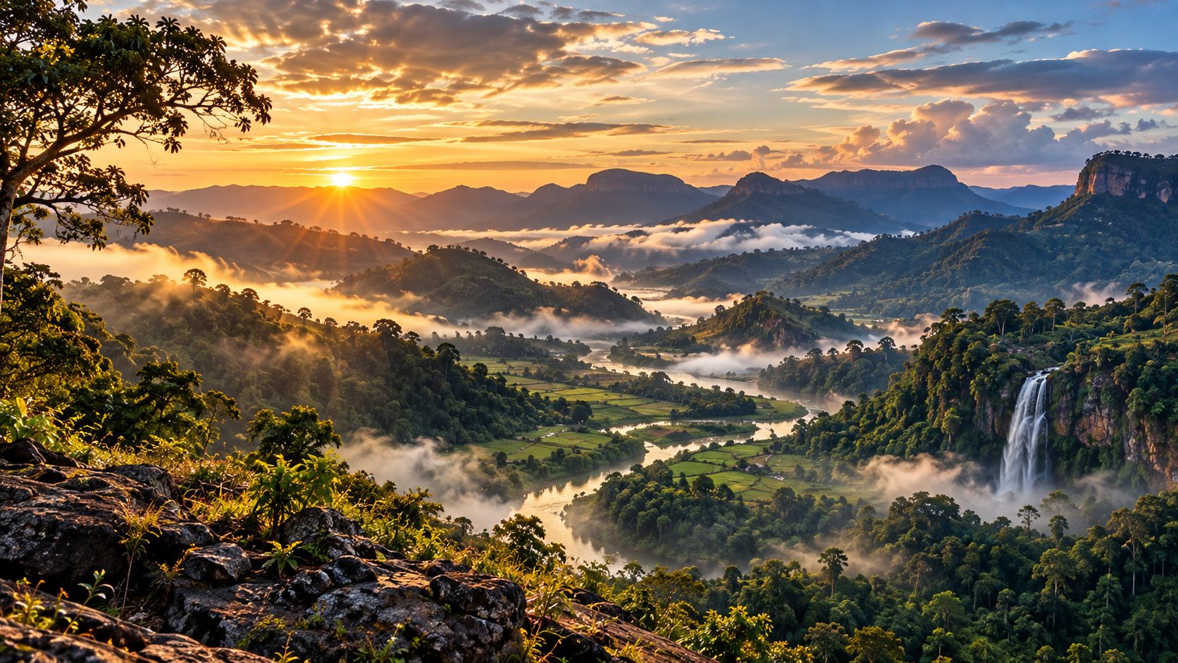 A waterfall obscured by mist