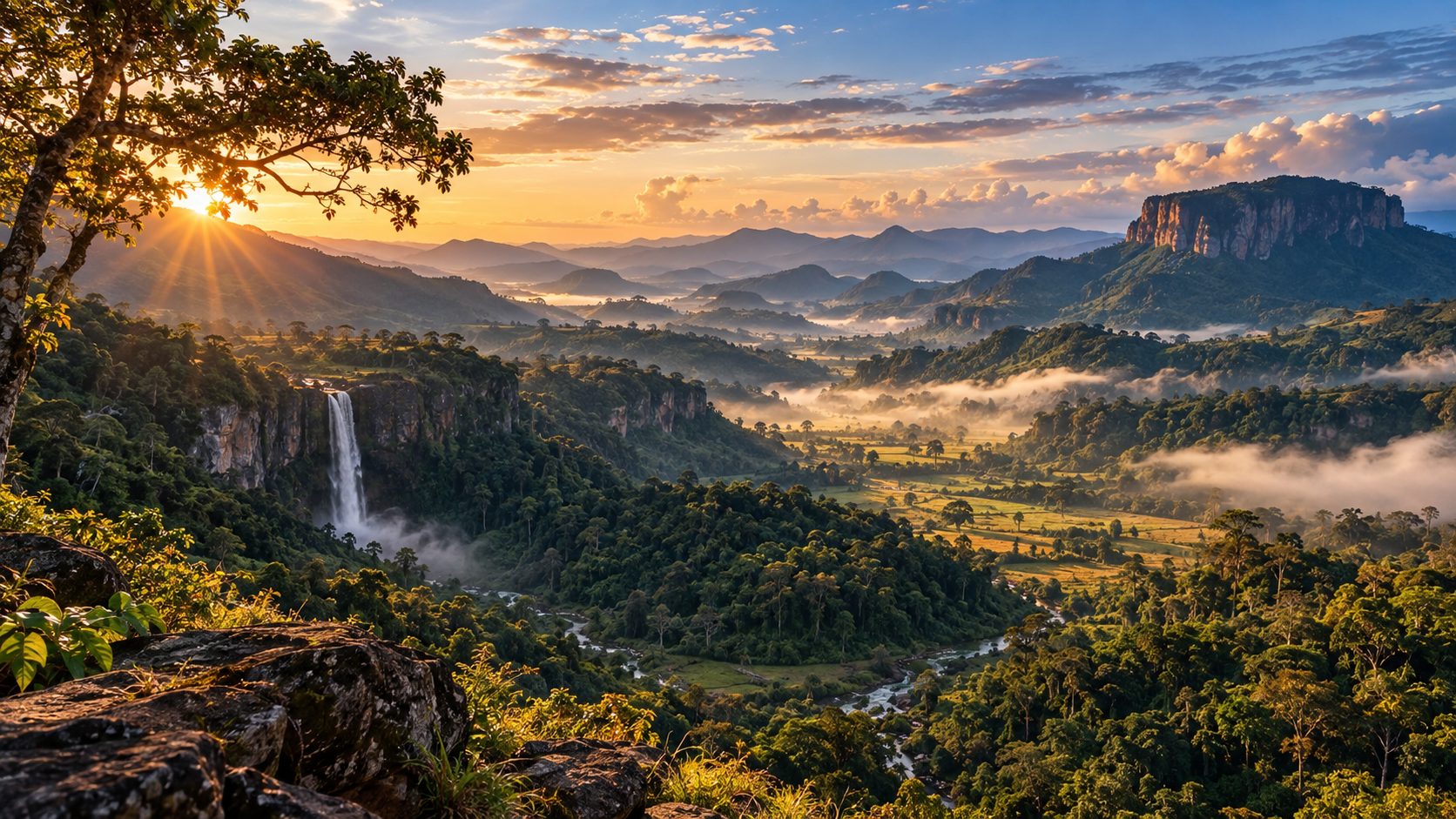 A waterfall and a misty valley at sunrise