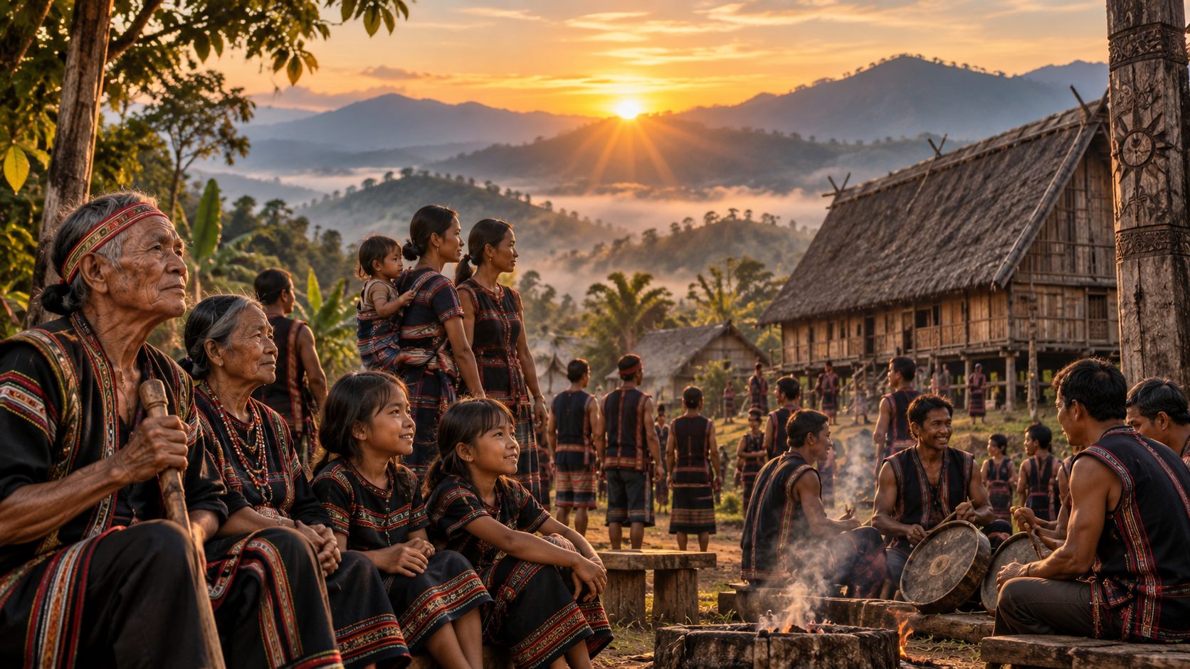 Village elders and families gathered in front of a longhouse