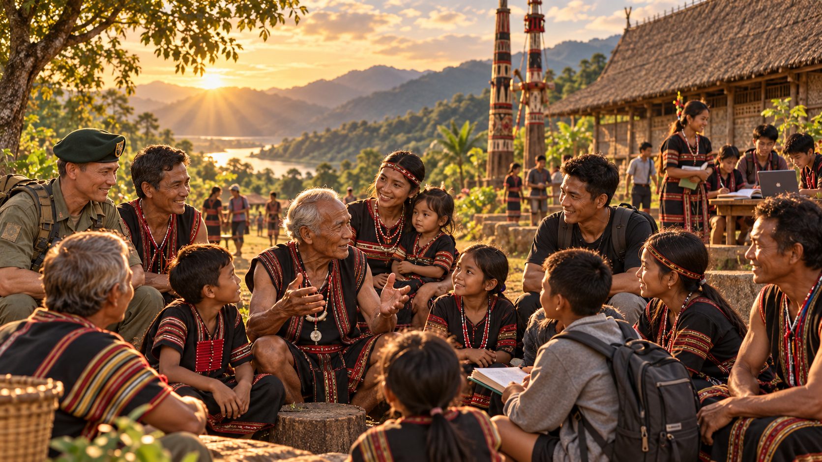 Villagers listening to a story being told
