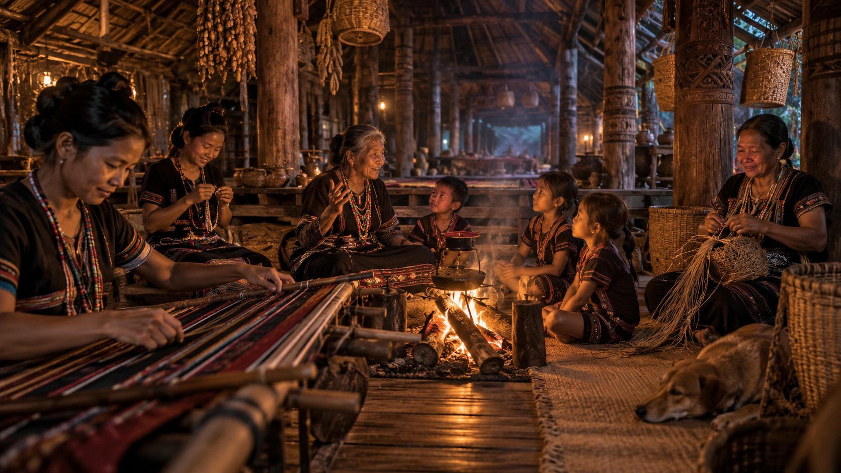 Women weaving inside a longhouse