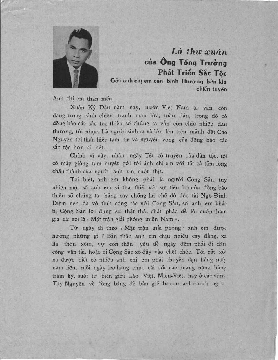 A printed leaflet in Vietnamese with a portrait of Paul Nur, a Spring Letter to highlanders, January 1969