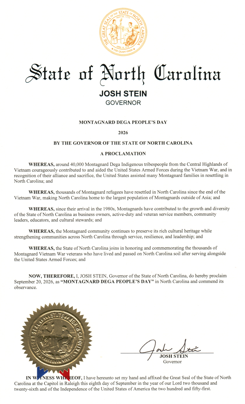 Proclamation of the State of North Carolina naming 20 September 2026 Montagnard Dega People’s Day, signed by Governor Josh Stein